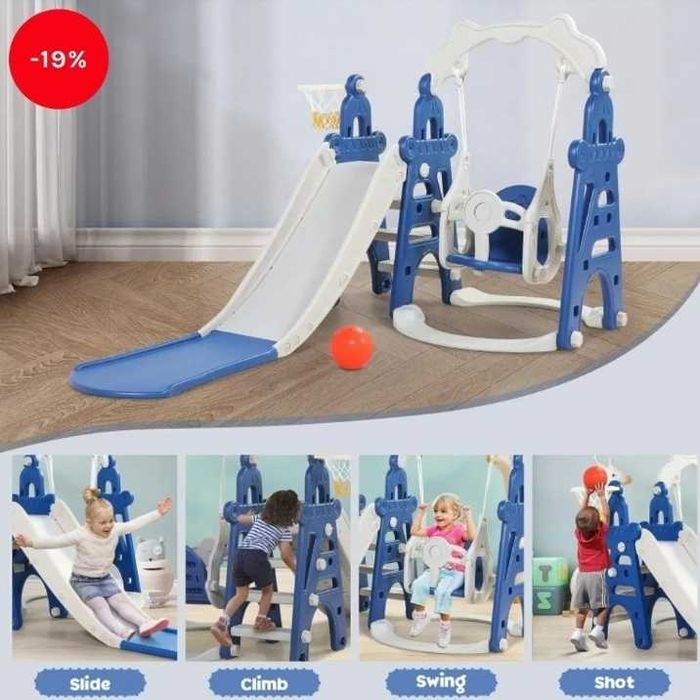 Детска Пързалка 4 в 1 Люлка стълба Баскетболен кош Чисто нова
