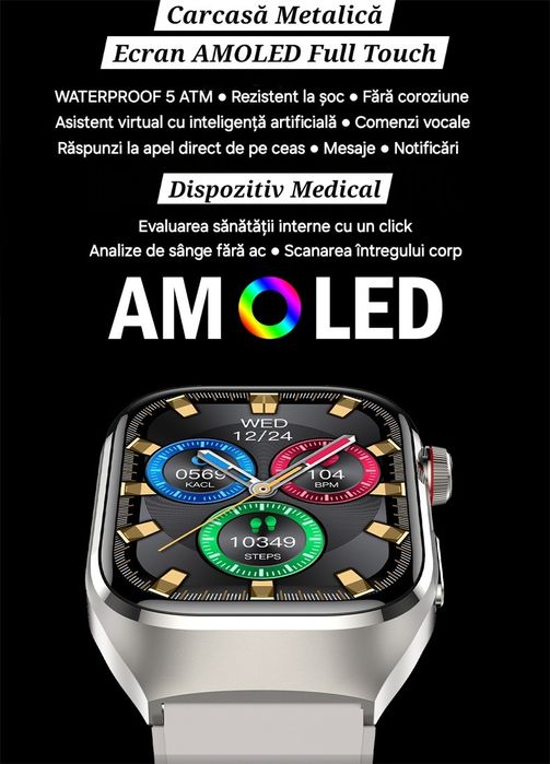 Smartwatch Medical Roz. Analize fără ac: glicemie, colesterol, EKG etc