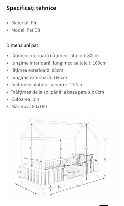 Pat Montessori copii 80x160 cu balustrada si cadru, pin + Saltea spuma