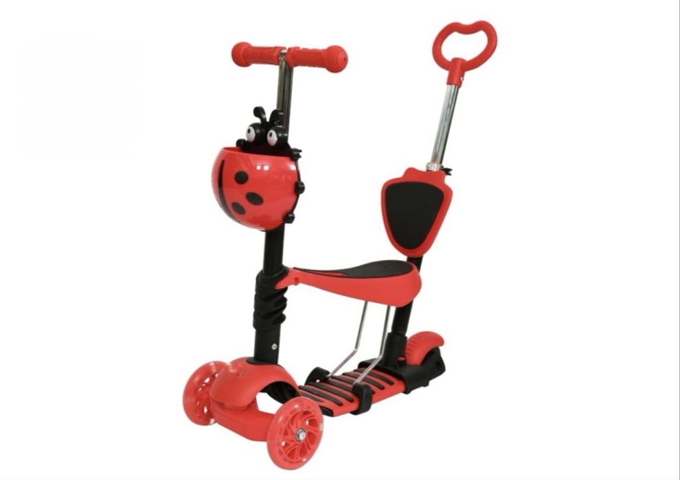 Самокат детский красный 3в1 божья коровка