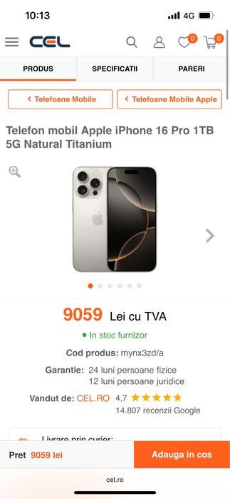 IPhone 16 PRO 1 TERRA Black Nou 0; sigilat; garantie 2ani NOU VDF
