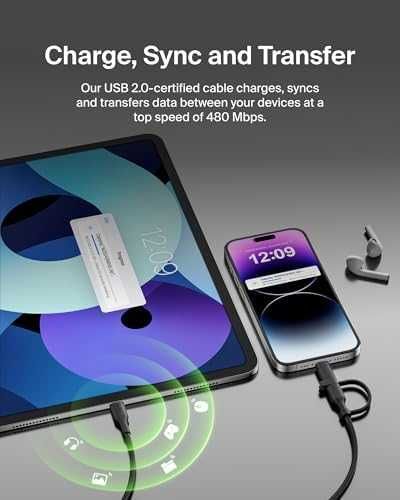 Нов Belkin 2 в 1 кабел USB-C Lightning бързо зареждане 60W iPhone iPad