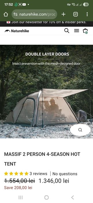 Vând cort Naturehike Massif  2 persoane 4 season Hot tent  NOU.