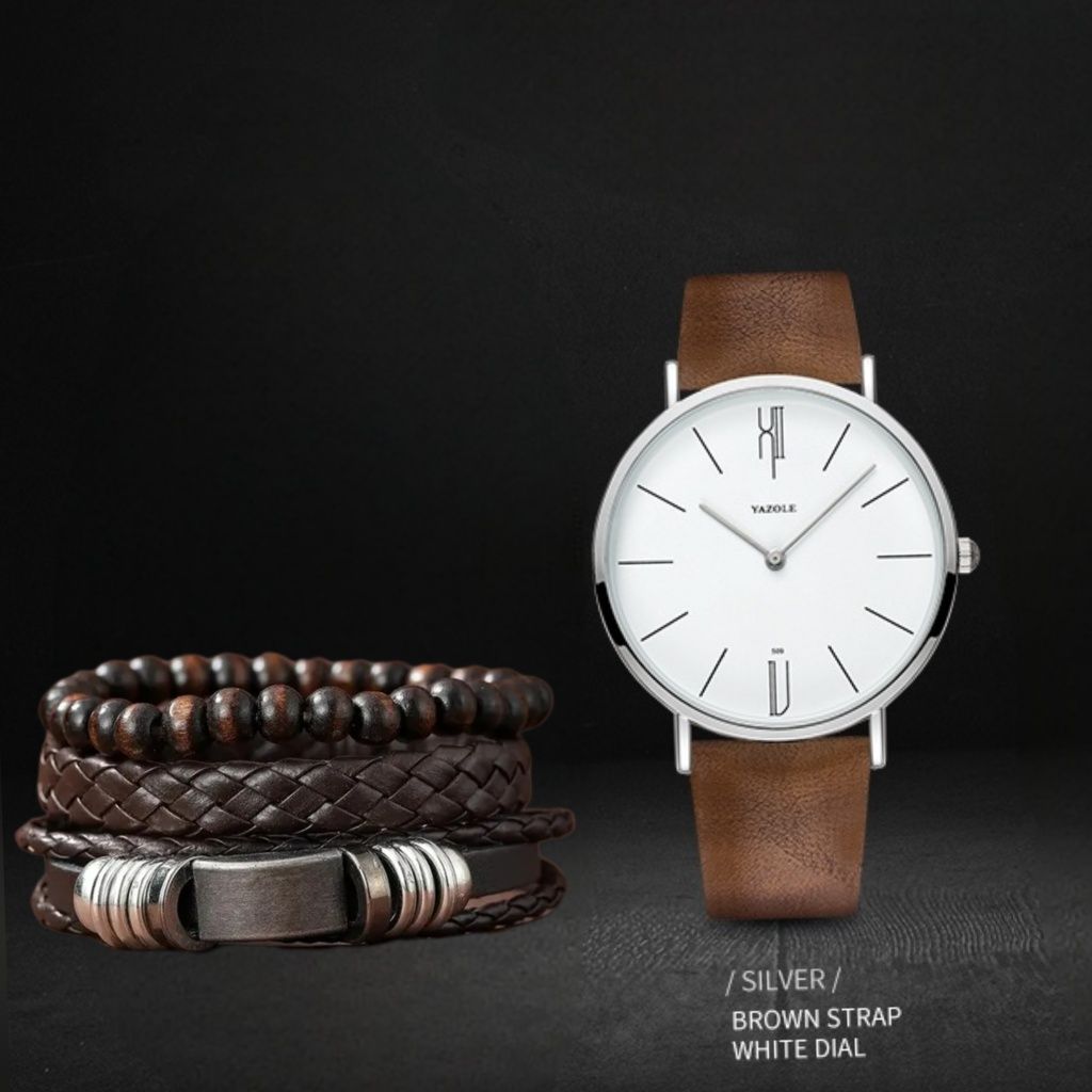 Set bărbați: ceas Quartz și brățări cu cataramă metalică