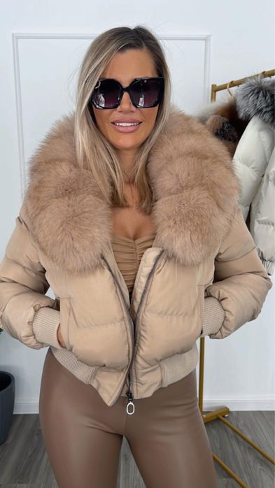 Geaca Dama fâș guler din blana naturala vulpe captuseala puf gasca