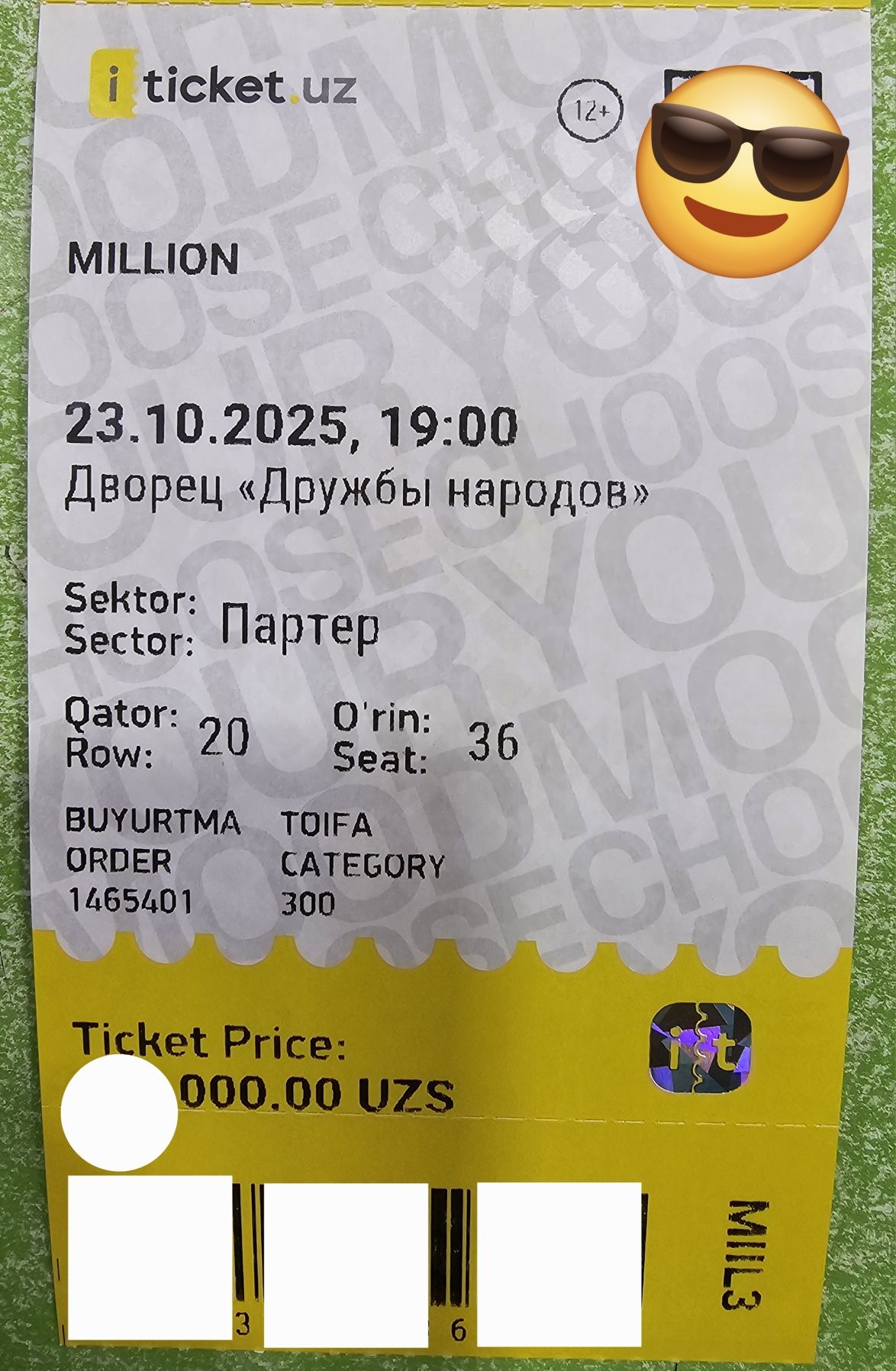 Million konsertiga bilet.