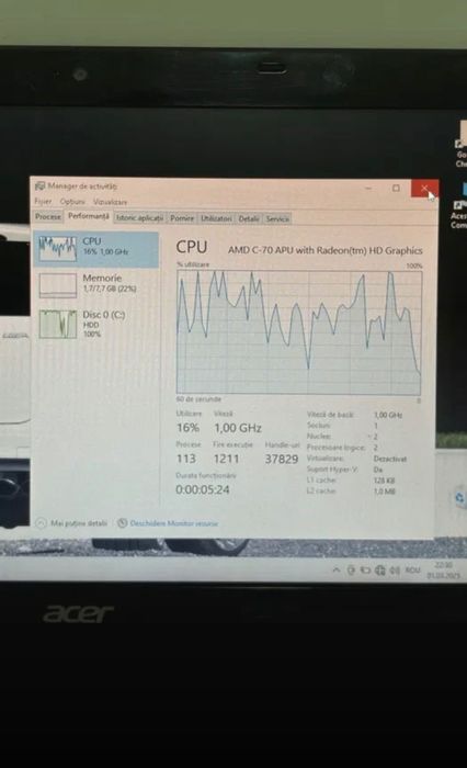 Laptop Acer Aspire One 725 C7 11,6” 8gb RAM 320 hdd w10