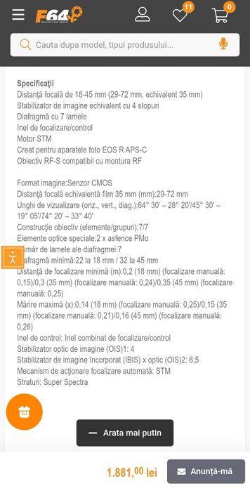 Obiectiv Canon RF-S 18-45 mm, F4.5-6.3 IS STM, SIGILAT, GARANTIE 2 ANI