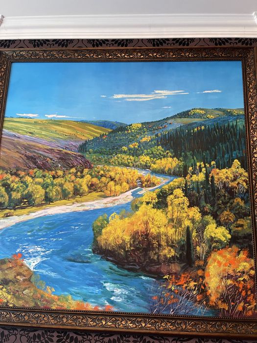 Большая картина маслом «Горная река» 150×150 см в резной раме