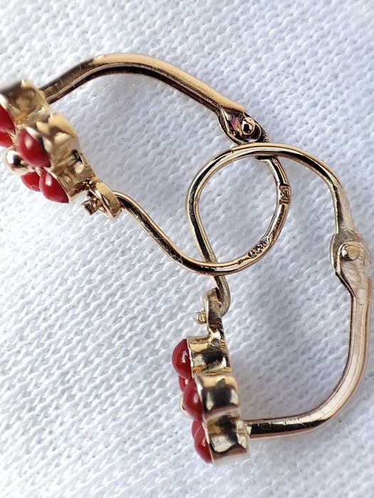 Cercei Aur 14K Copii Fetite Coral Rosu Montura Bezel 5 Petale