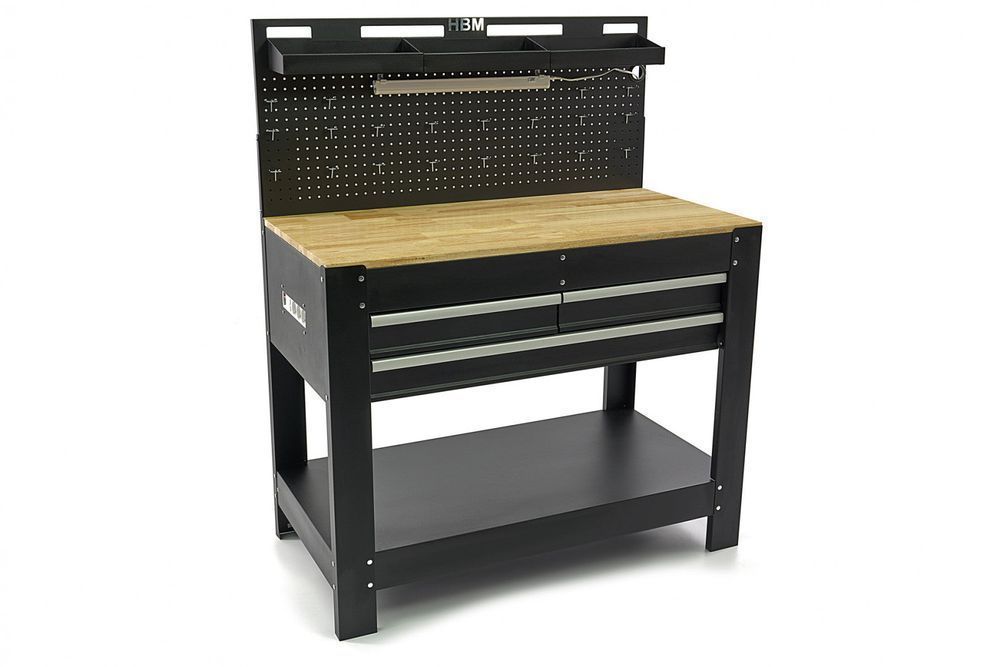 Banc de lucru metalic profesional 3 sertare, blat lemn masiv, panou il