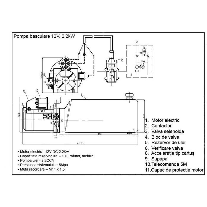 Pompa basculare 12/24V, 2,2kW 150 bar