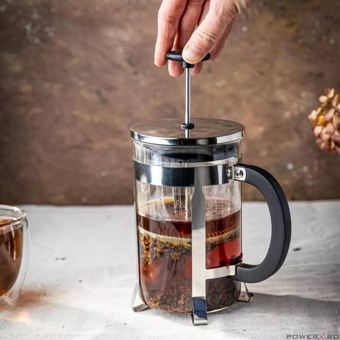 Infuzor ceai din sticla si inox,cu presa si lingurita, 0.6L, Kinghoff