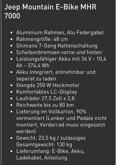 Bicicleta electrică Jeep Mountain E-Bike MHR  7000