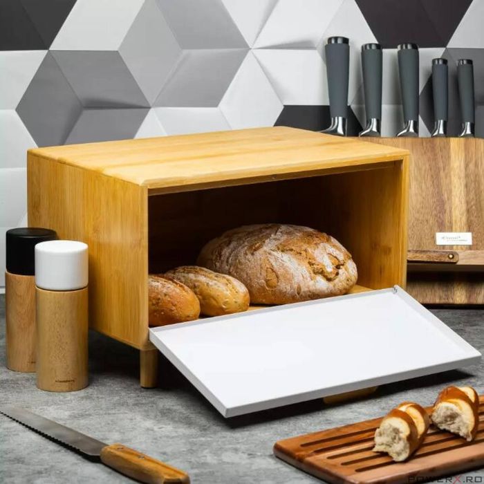 Cutie pentru paine, din bambus, cu picioare, maro cu alb, Klausberg