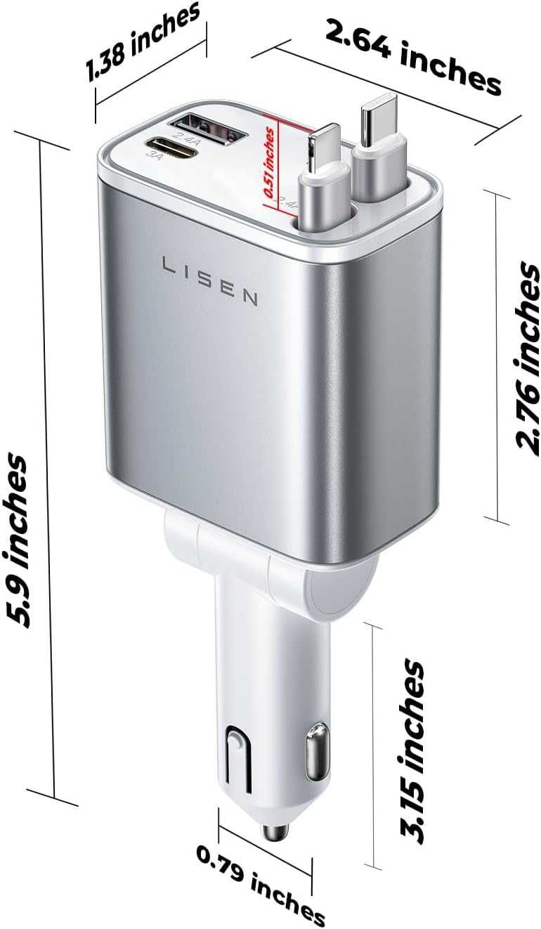 LISEN Прибиращо се зарядно за кола, 69W USB C адаптер