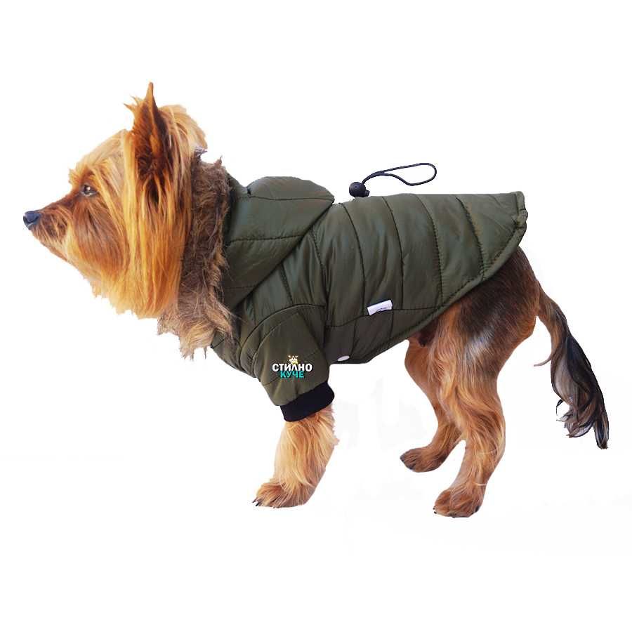 Кучешко зелено яке с пух на качулката Кучешки дрехи Дрехи за кучета