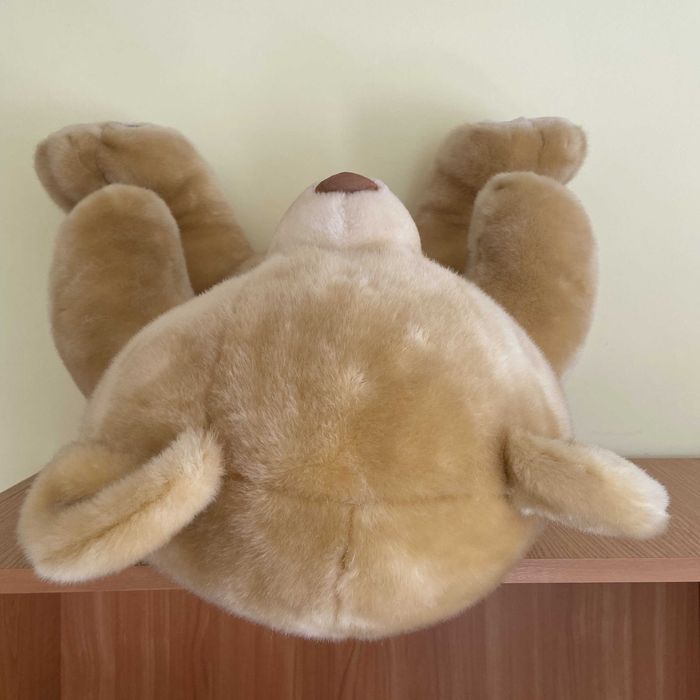 Плюшен мечок (играчка, мече) - бежов с кафяво и синя панделка