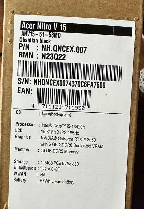 Чисто нов Гейминг Лаптоп Acer-Nitro V15 ANV 15-51-58MD, 15,6”, i5