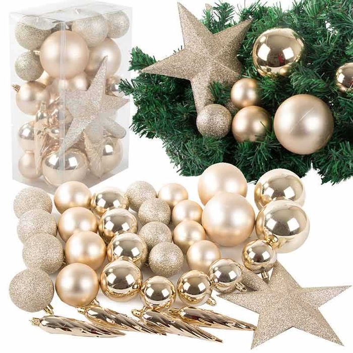 Комплект пластмасови коледни топки и звезда за елха, златисто, 33 бр