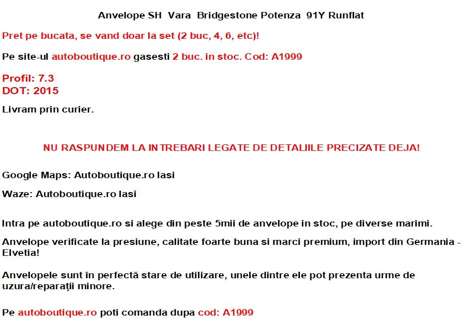 Anvelope Vara  Bridgestone Potenza  91Y Runflat
