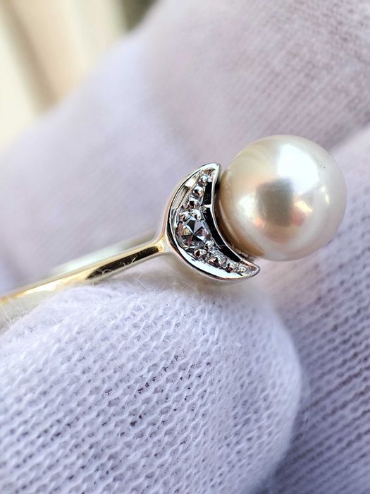 (REZ) Inel Aur 14K Cu Diamante Si Perla Naturala Apa Dulce