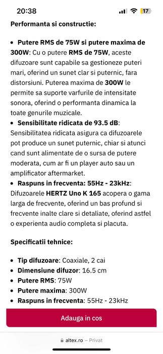 Boxe auto HERTZ 2 set-uri ,Uno K 165 , 75w RMS 2 cai , 16.5 cm