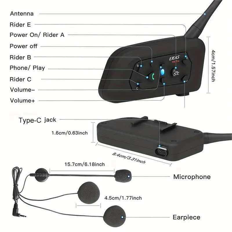 Безжичен интерком EJEAS V6 Pro за мотоциклетни каски 1200м до 6 ездача