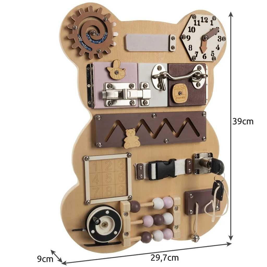 Placa senzoriala de lemn tip Montessori,Busy Board Teddy Bear,39x30 cm