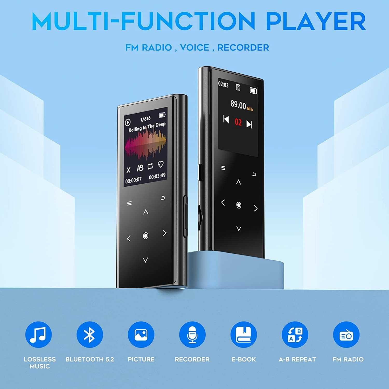 Mp3 Player cu Bluetooth 5.2, 64 GB, Difuzor HD incorporat