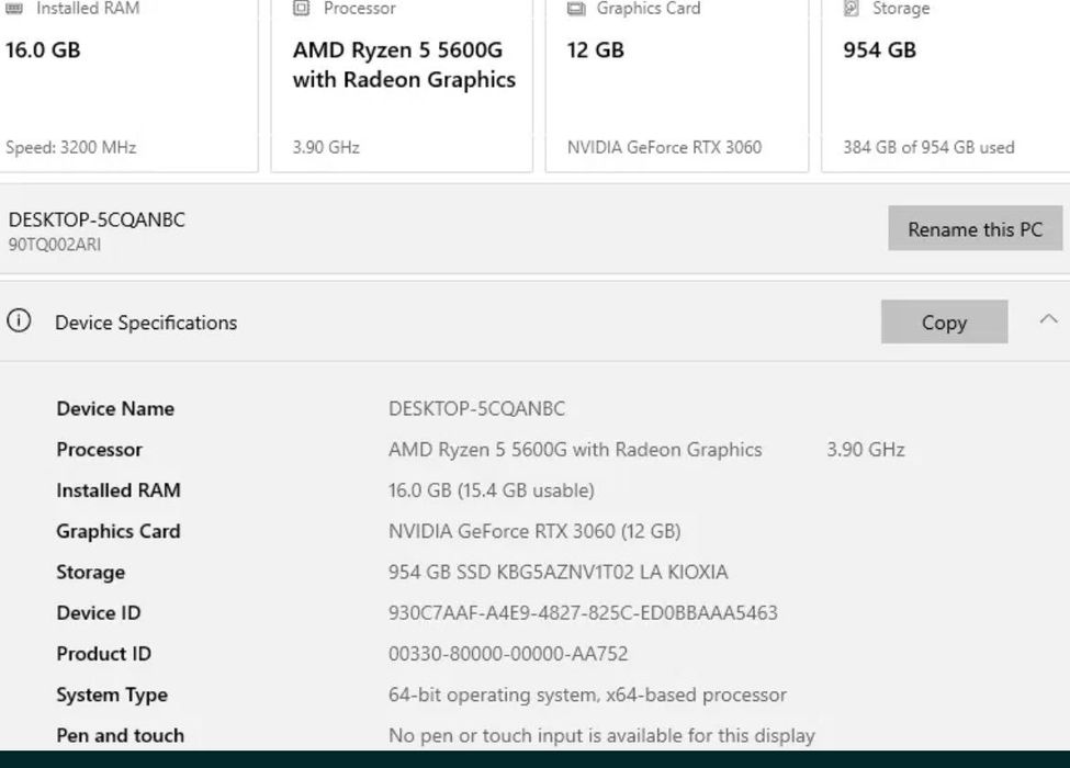 PC Gaming / nVidia GeForce RTX 3060 / Ryzen 5600G / 1TB SSD / 16GB RAM
