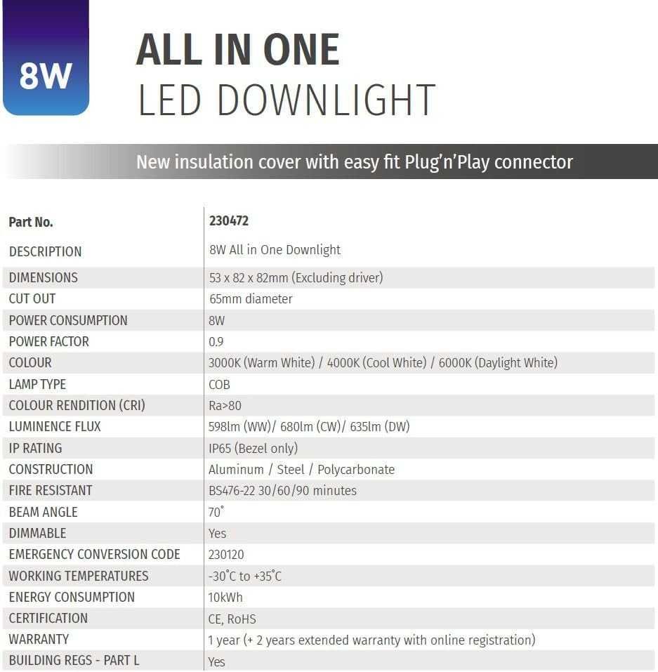 Bright Source All-in-One Downlight - 8w 64mm изрез, 750lm, пакет от 6