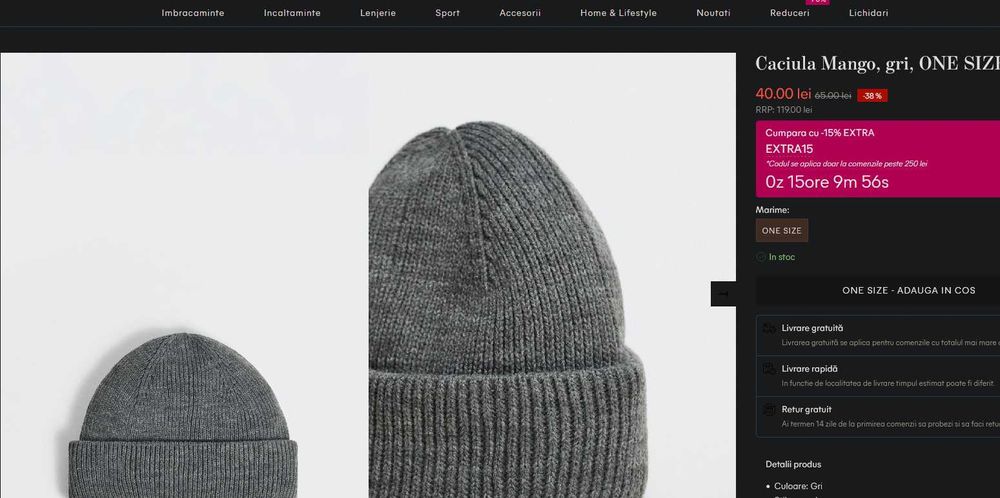 Set Caciula Gri din Tricot marca Mango uniSex  +++ Fular tot Gri