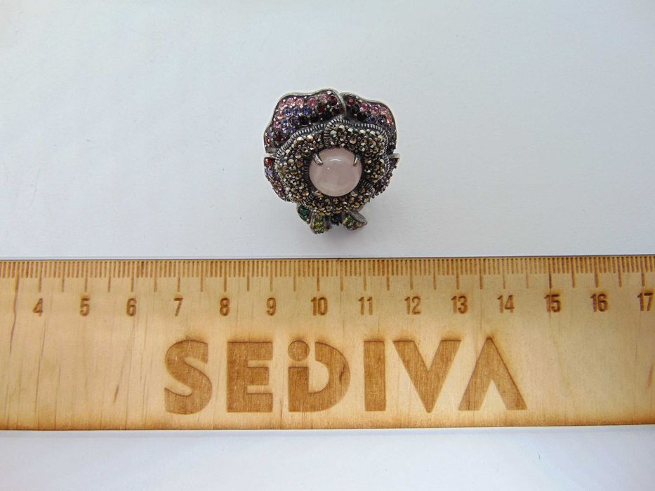 Inel statement din argint cu marcasite si quartz roz