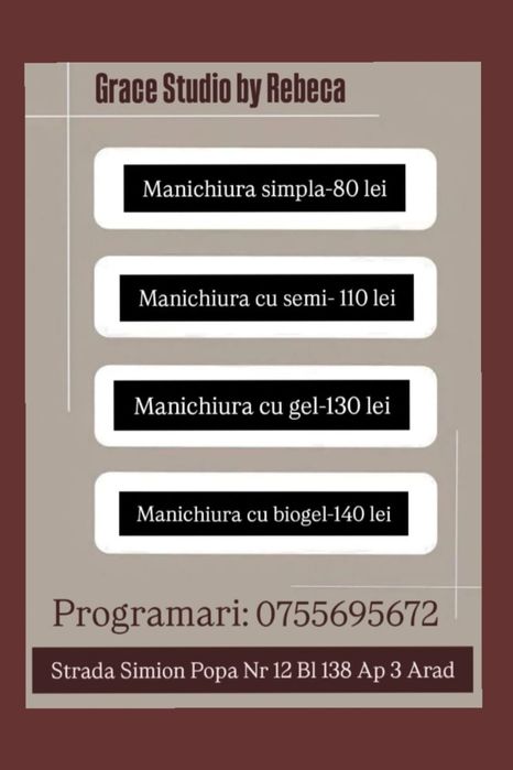Grace Studio by Rebeca oferă servicii de manichiură în Arad