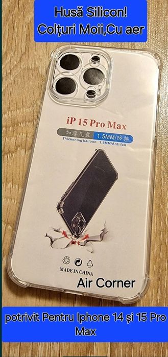 Husă iphone 14/15 pro Max Nouă, Air corner  cu Sclipici verde.
