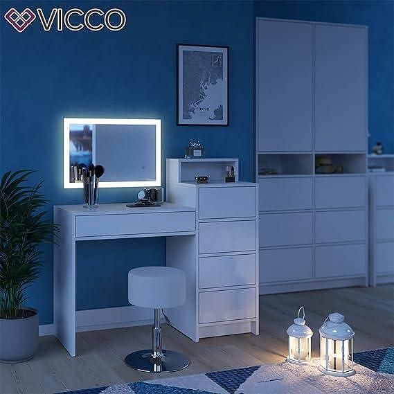 Тоалетка vicco nara 110.5 см бяла с led огледало и табуретка