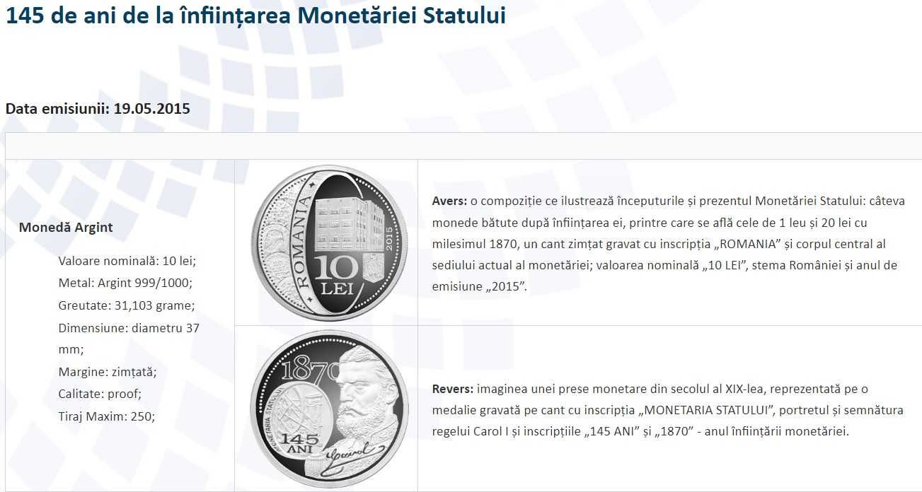 Moneda BNR 10 lei argint 145 ani Monetaria Statului gradata NGC PF 69