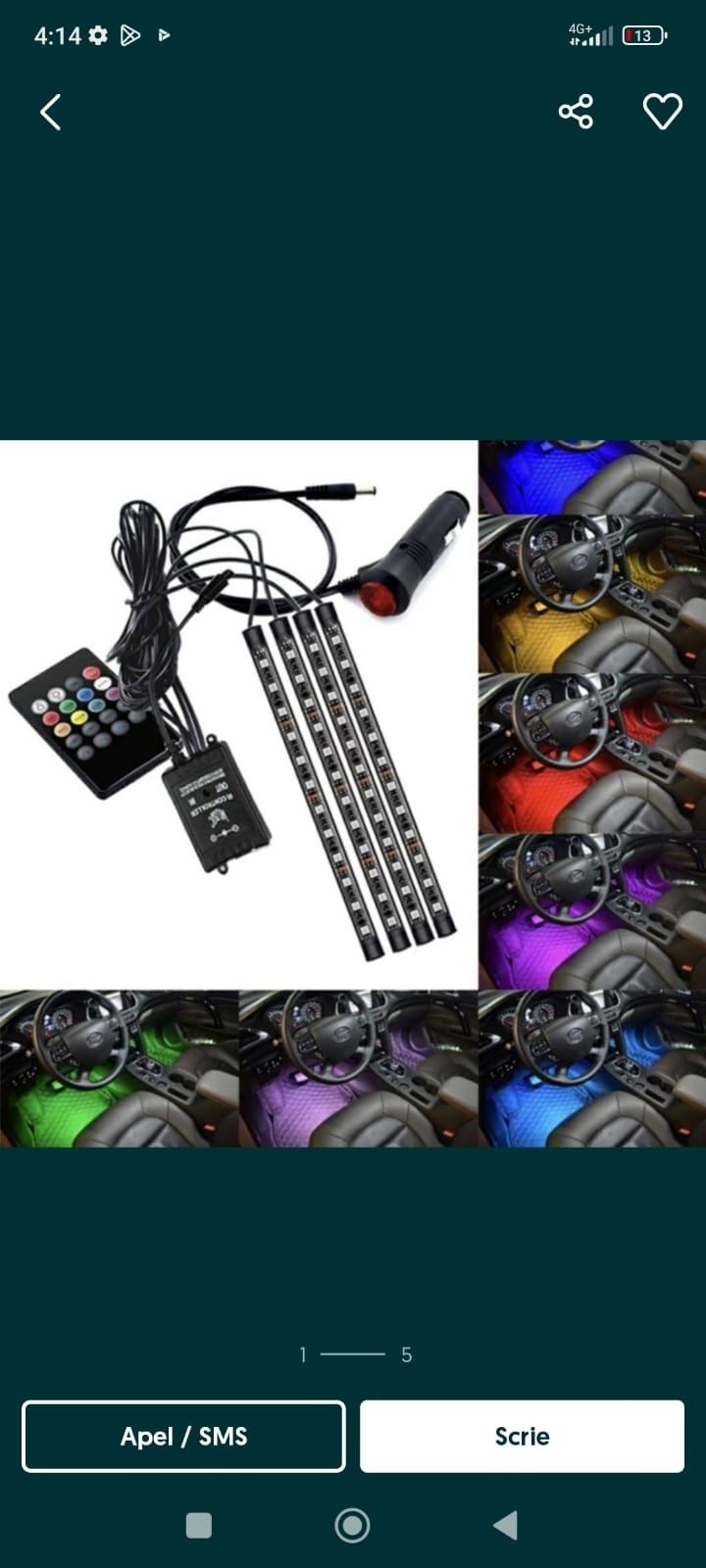 Set 4 benzi LED cu lumina ambientala auto RGB cu telecomanda calitatea