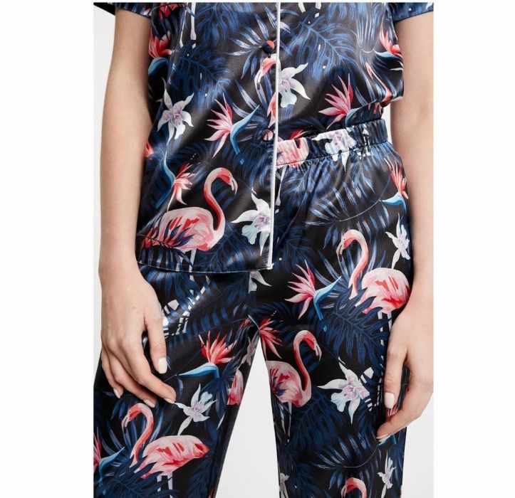 Pijamale din satin, imprimeu flamingo
