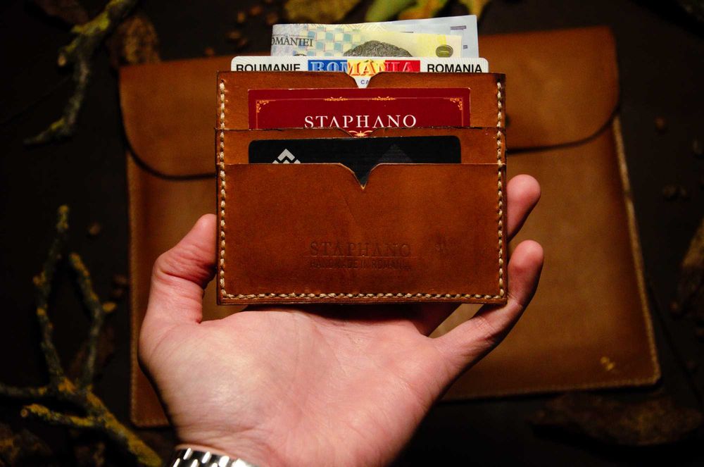 Portcard piele naturală maro handmade - Staphano
