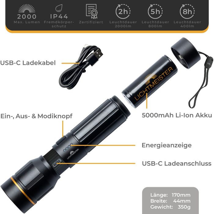 LICHTMEISTER ® LED акумулаторна фенерче 2000 лумена 5000 mAh батерия