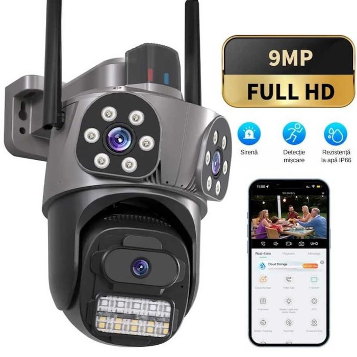 Тройна външна WiFi камера 9MP с аларма, 24 диода, iCSee, 64GB памет