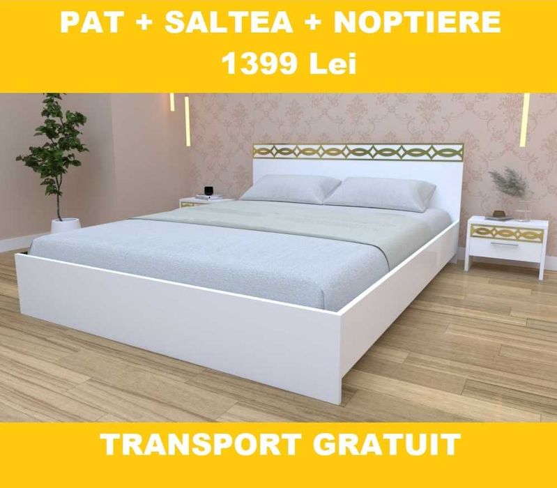 Pat Matrimonial, Dublu cu Saltea si Noptiere. Livrare Gratuit