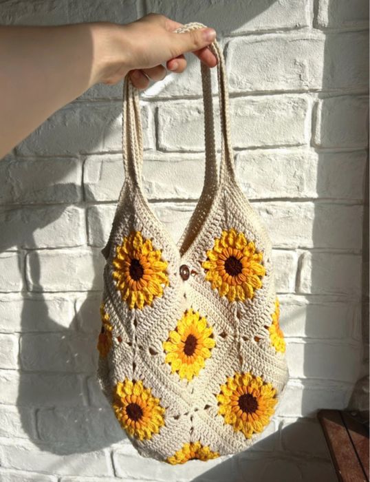 Sacoșă croșetată cu flori floarea-soarelui din bumbac 100% handmade