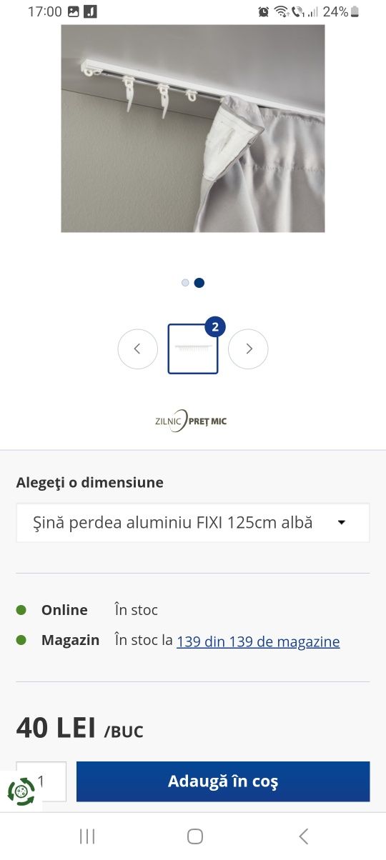 Șină perdea aluminiu FIXI 125cm albă