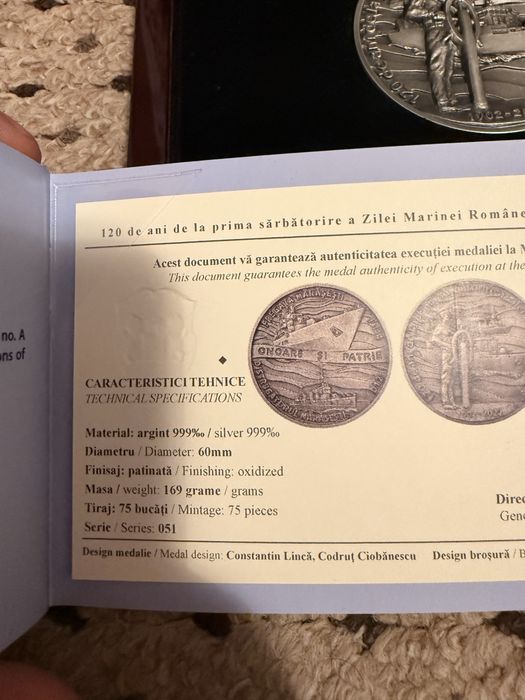 Moneda lingou Argint pur 999% ziua Marinei