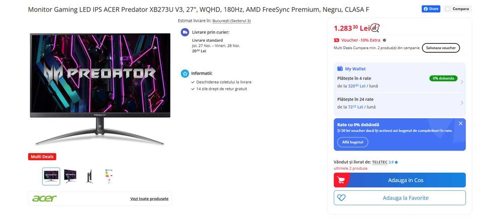 Monitor Gaming 2K Acer Predator XB273U V3, 27", 180Hz, AMD FreeSync