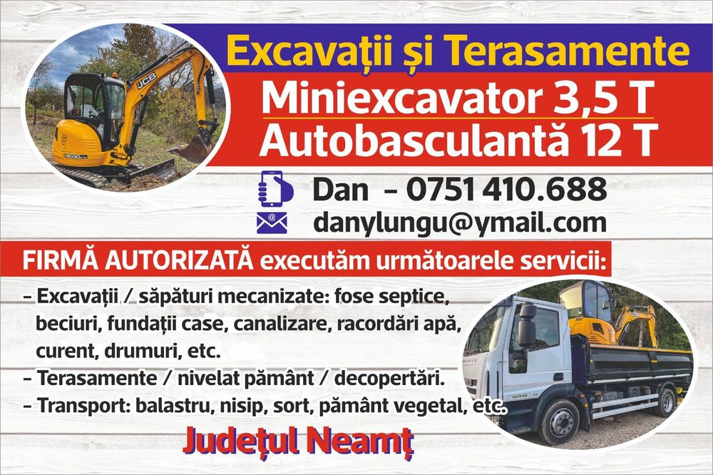 Închiriere Excavator Miniexcavator Escavator Excavatii Terasamente