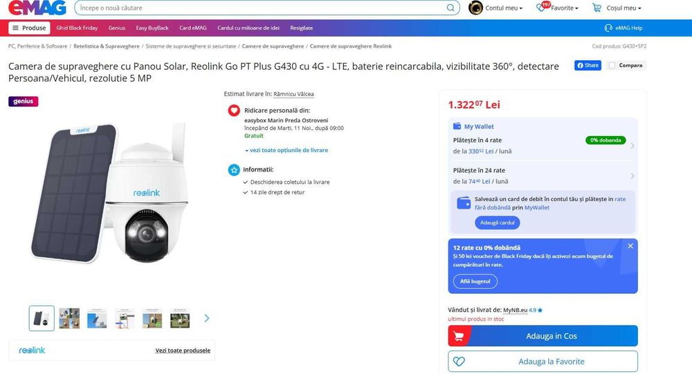 Camera de supraveghere cu Panou Solar, Reolink Go PT Plus G430 cu 4G